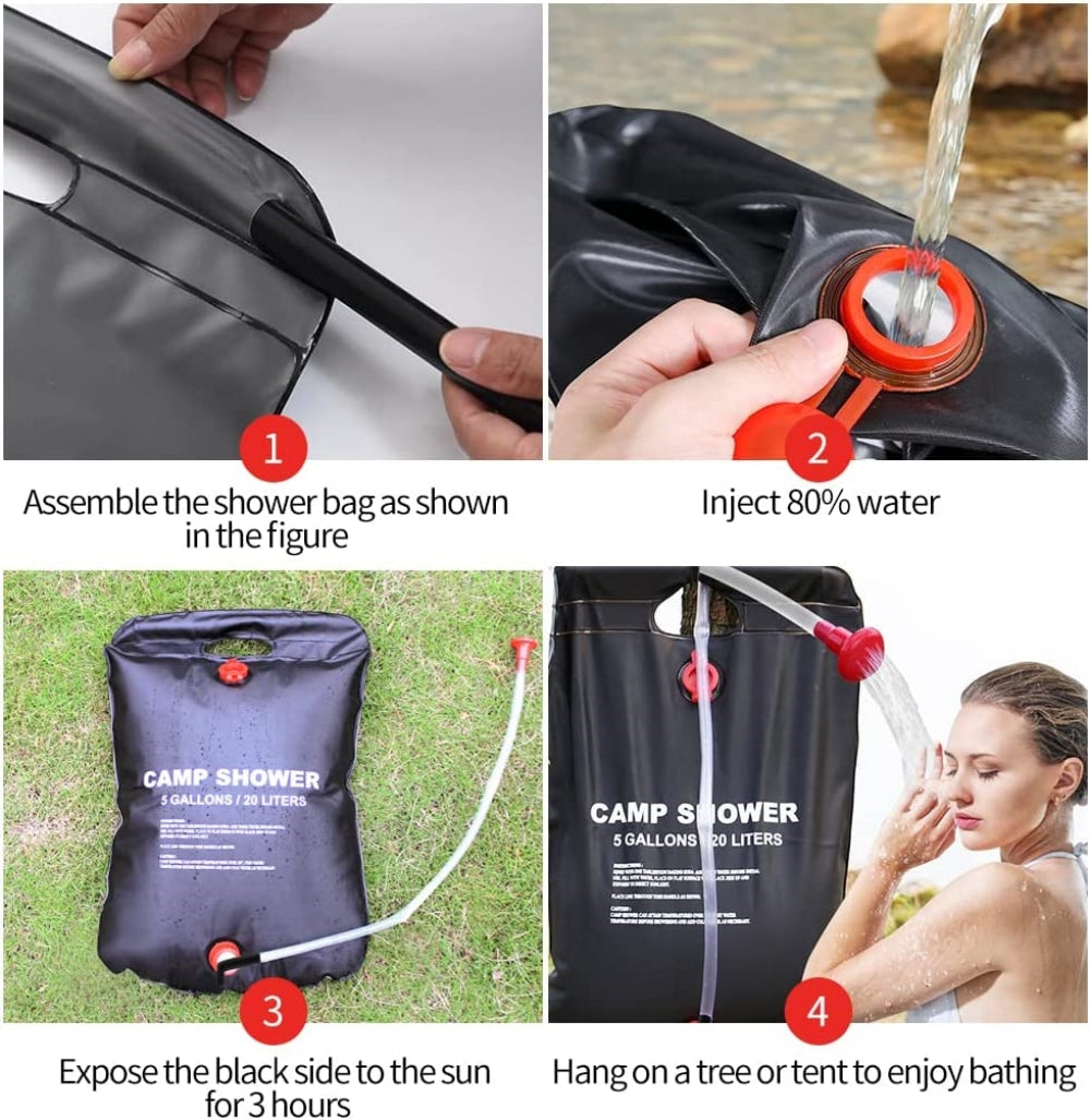 ShowerBag 20L ソーラーパワー温かいシャワー アウトドア用 ポータブル シャワーバッグ オンオフ機能付き 家族向け キャンプシーンで