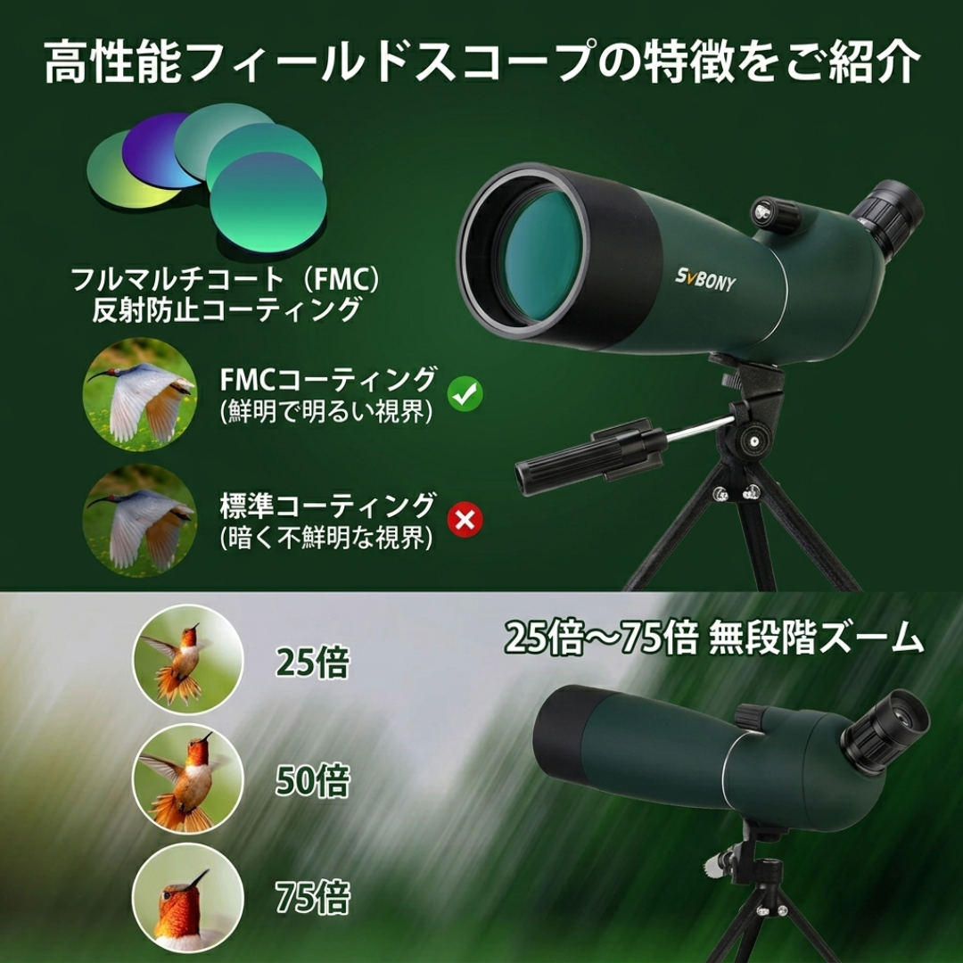 【プロ級の解像度】Sakamping SVBONY SV28 フィールドスコープ | 25-75倍ズーム・70mm大口径 | 完全防水・BAK4プリズム搭載 | 野鳥観察・天体観測・キャンプ対応 | 安心の1年保証付