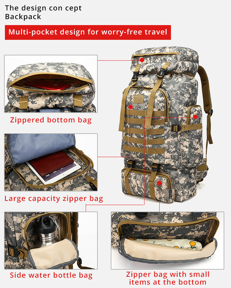 Soldier 60L 防水ミリタリーバッグ 耐久性抜群 大容量 多機能 登山 ハイキング アウトドア用 防水ファスナー