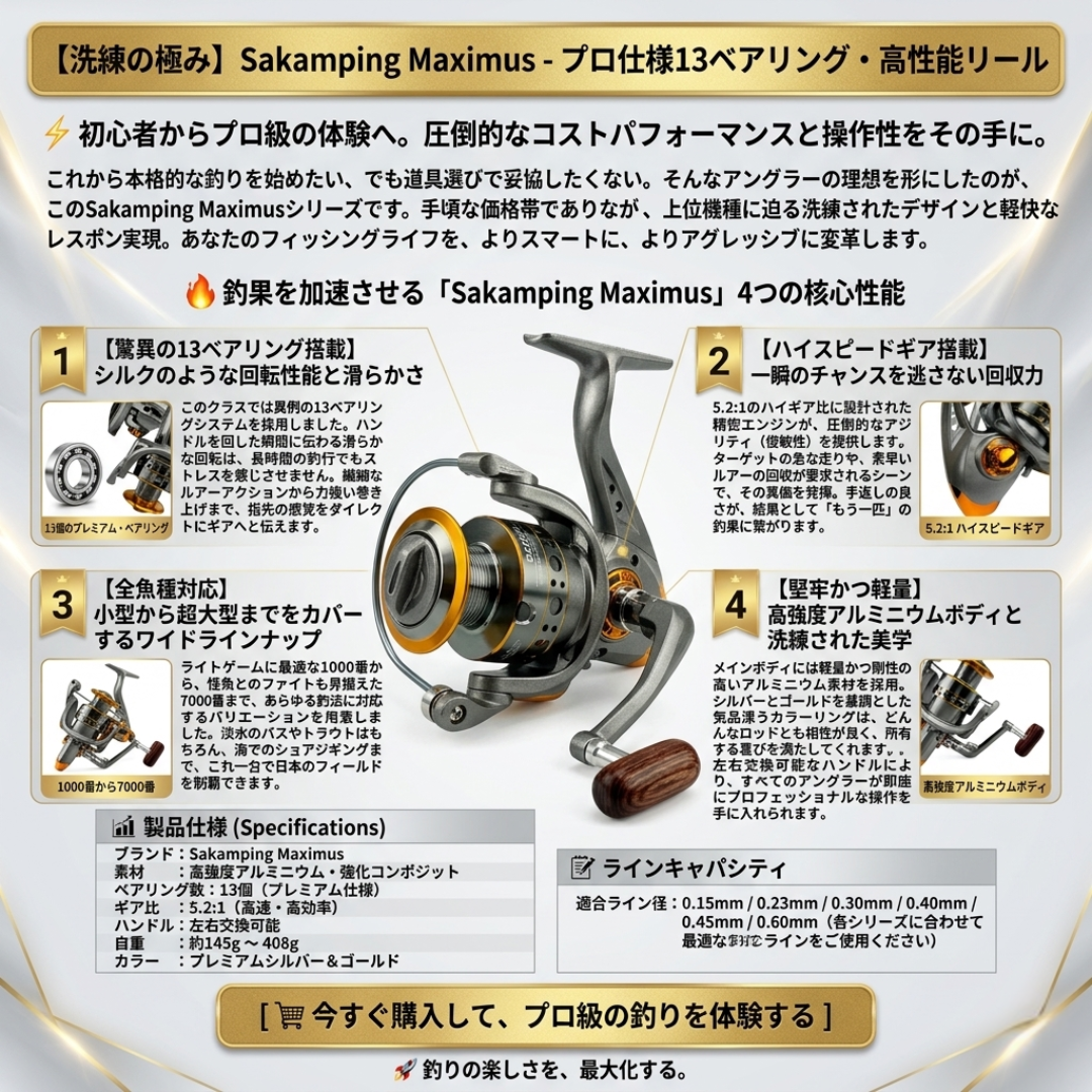 【プロ仕様】圧倒的な耐久力。Sakamping Maximus 高性能スピニングリール | 驚異の巻き上げ力・大物対応ドラグシステム | 海水・淡水両用・防錆設計 | 堤防・磯・ルアー釣りに最適 | 安心の1年保証付