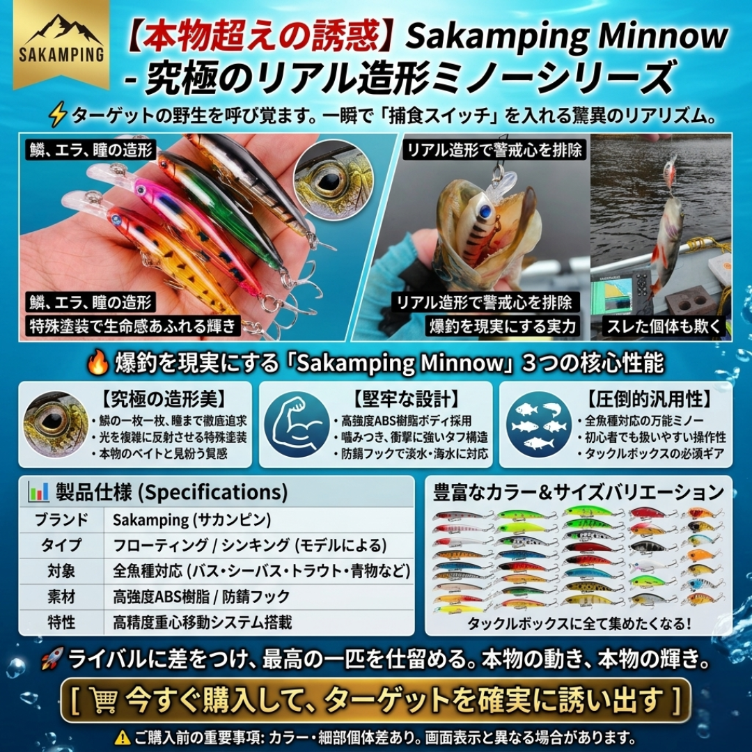 【プロ仕様】驚異の爆釣力！Sakamping G-Flash 高性能ミノー | 圧倒的な飛距離と艶めかしい泳ぎを実現 | 重心移動システム搭載・リアルな小魚の動きを再現 | シーバス・青物・バス釣りに最適 | 安心の1年保証付