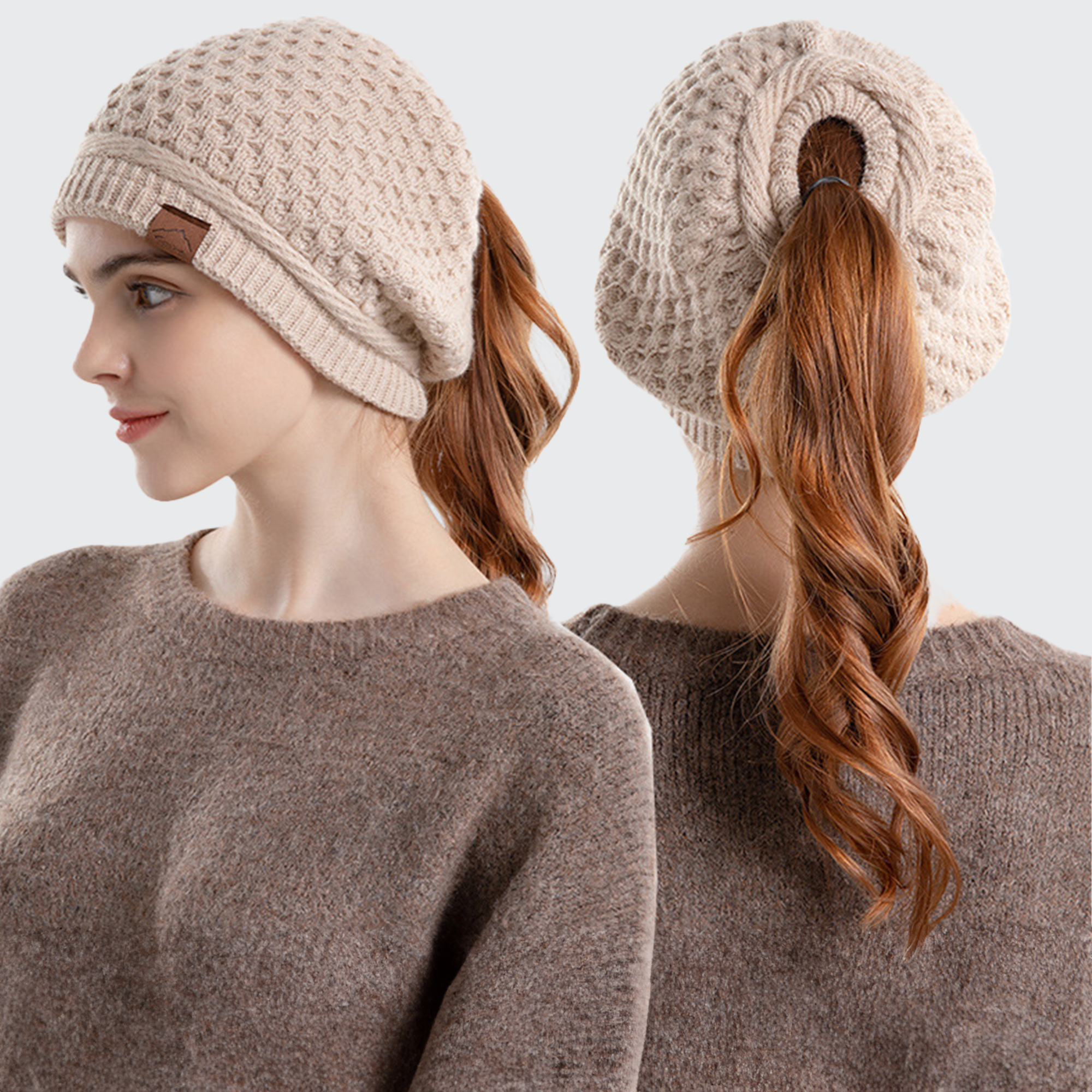 Women's Hairstyle Beanie Hat ポニーテール開口で髪形崩れなし 防寒 耳あて付き おしゃれな冬の暖かさ